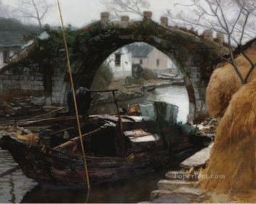 中国 Painting - 江南の川の村 中国の陳亦菲